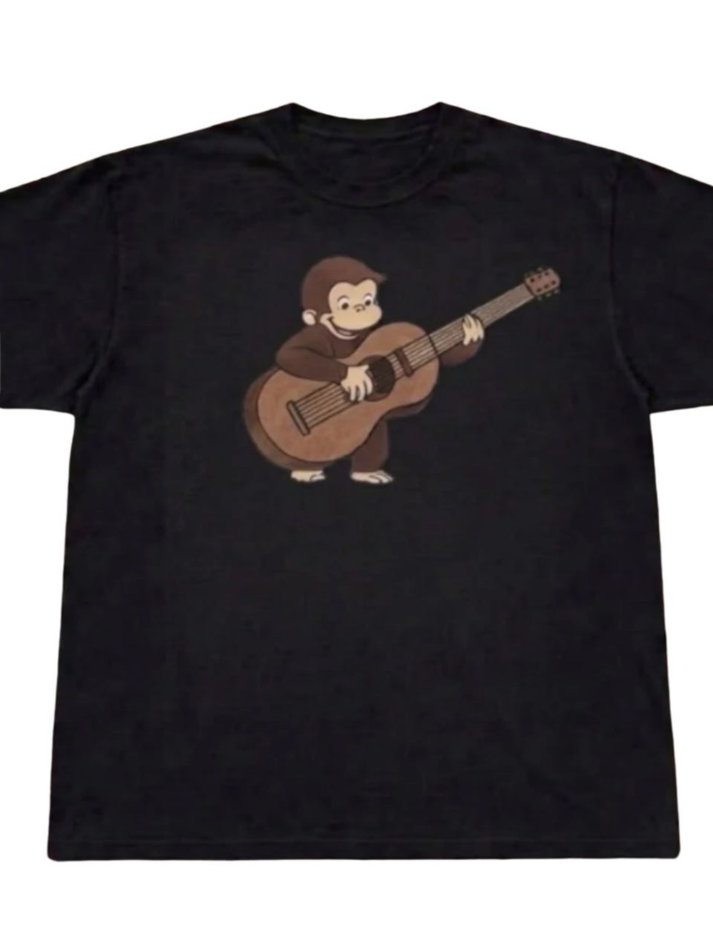 Black Tee with Brown Monkey Playing Guitar Graphic